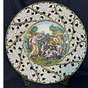 Capodimonte Hand Painted Raised Relief Gilded Signed Numbered Plate 13.5" Italy